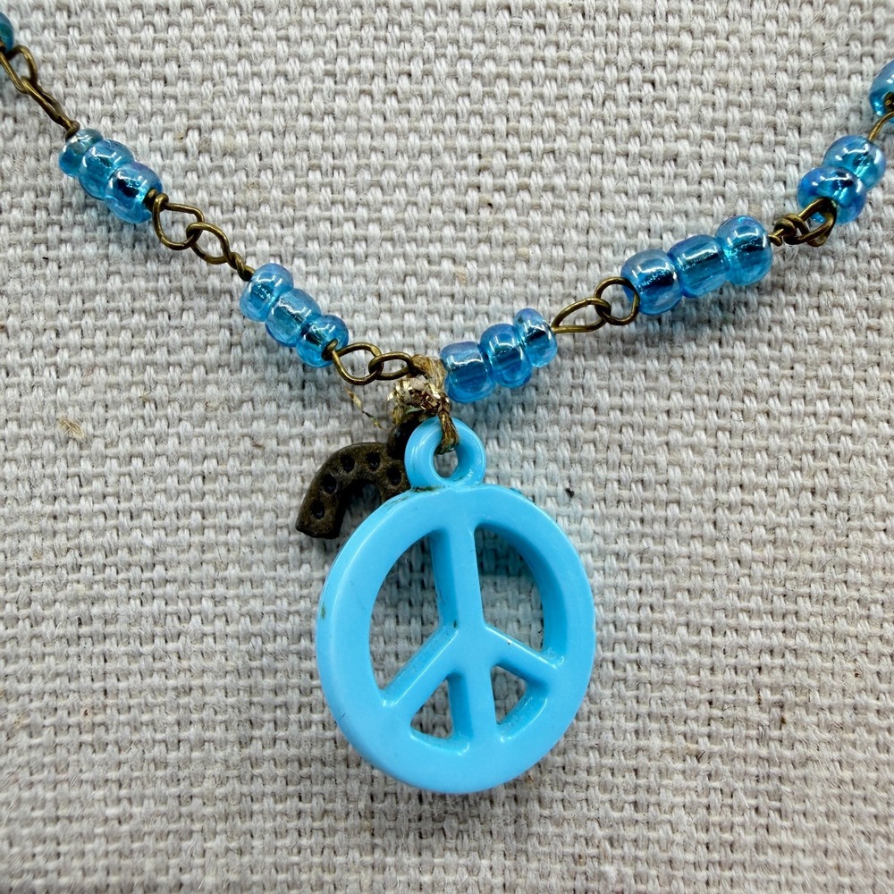 Blue Bead Peace Sign Charm Necklace Y2K Boho Festival Layering Accessory